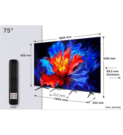 TCL 75-inch 4K Ultra HD HDR QLED Smart TV displaying vibrant colorful images in a modern living room setting
