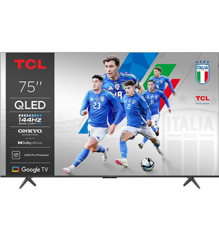 TCL 75-inch 4K Ultra HD HDR QLED Smart TV displaying vibrant colorful images in a modern living room setting.