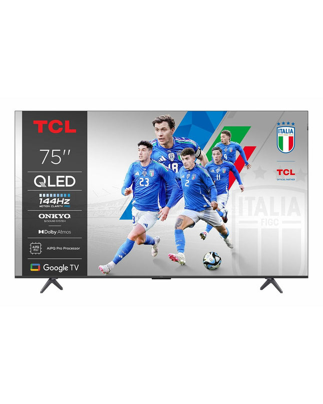 TCL 75-inch 4K Ultra HD HDR QLED Smart TV displaying vibrant colorful images in a modern living room setting.