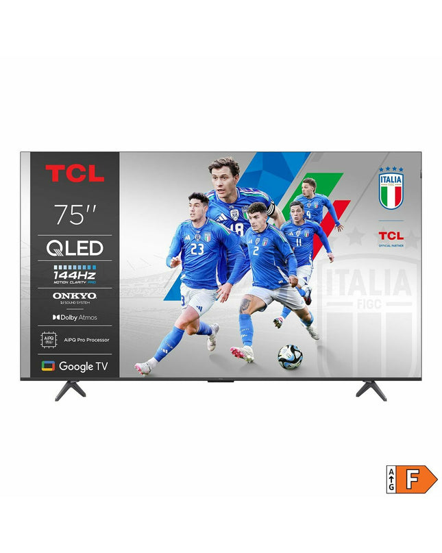 TCL 75-inch 4K Ultra HD HDR QLED Smart TV displaying vibrant colors and a sleek black frame in a modern living room setting.