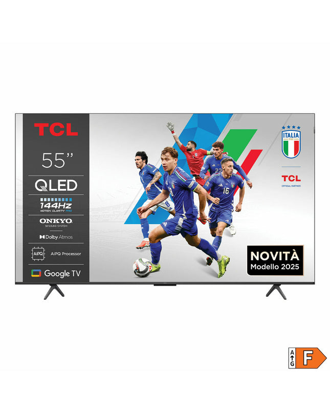TCL 55-inch 4K Ultra HD HDR QLED Smart TV displaying vibrant image with slim black bezel and modern design.