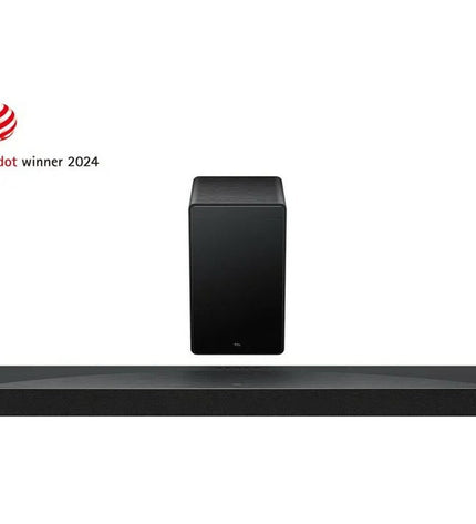 TCL Q65H soundbar in black with sleek design, featuring multiple audio ports and control buttons for home entertainment.