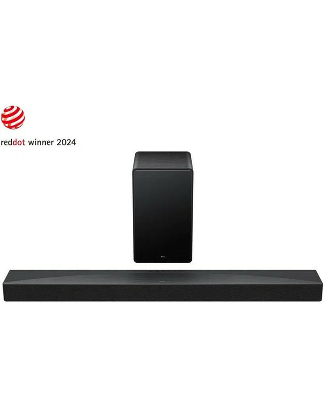 TCL Q65H soundbar in black with sleek design, featuring multiple audio ports and control buttons for home entertainment.