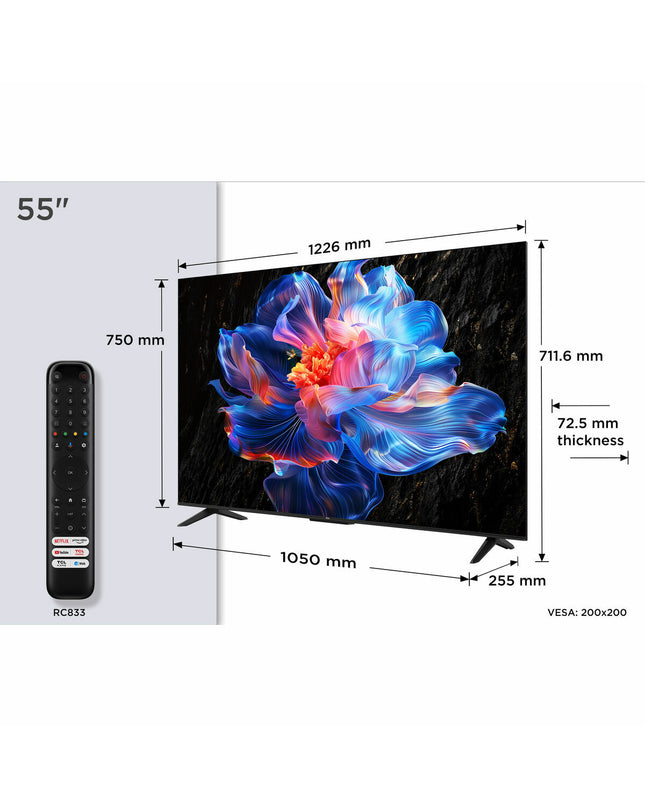 TCL 55P6K 55-inch 4K Ultra HD LED Smart TV with HDR display showing vibrant colors and slim design in a modern living room.