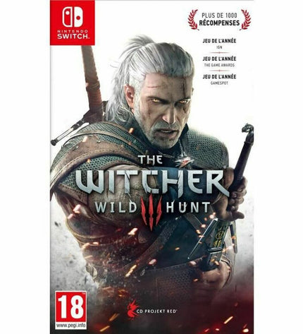 Bandai The Witcher 3 Wild Hunt Switch video game cartridge for electronic plug-and-play consoles, with game cover art visible.