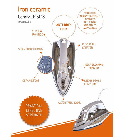Camry CR 5018 steam iron with 3000W power, ceramic soleplate, and adjustable steam controls for home ironing.