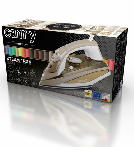 Camry CR 5018 steam iron with 3000W power, featuring a sleek design and steam control for efficient household ironing.