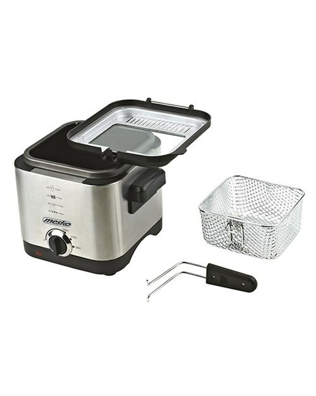 Mesko MS 4910 small electric deep fryer in silver, 900W, 1.5L capacity, ideal for home cooking and frying.