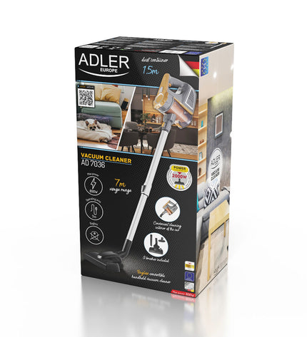Adler AD 7036 steel vacuum cleaner with hose and attachments for home cleaning and floor maintenance.