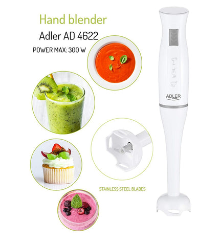Adler AD 4622 hand blender with 300W motor, featuring a slim handle and blending attachment for kitchen use.