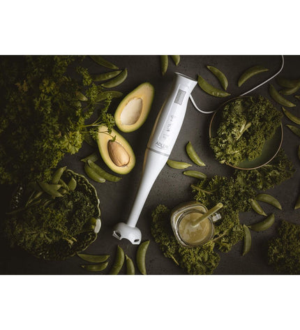 Adler AD 4622 300W hand blender with white handle, featuring a blending shaft and control buttons, suitable for kitchen use.