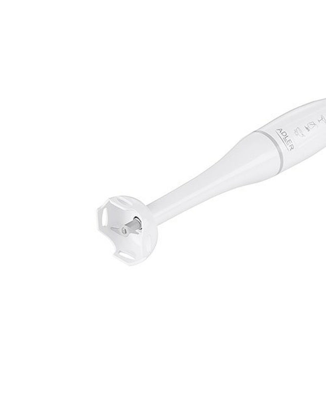 Adler AD 4622 hand blender with 300W motor, white color, showing the blender with blending attachments for kitchen use.