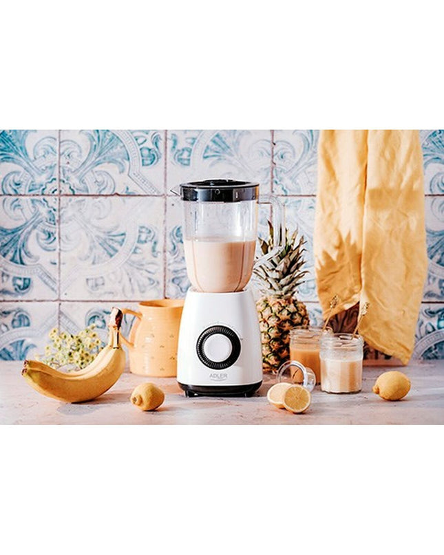 Adler AD 4085 1.5L white electric mixer with 1000W motor for kitchen use, featuring a compact design and sturdy build.