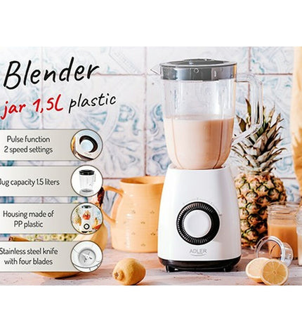 Adler AD 4085 1.5L white electric mixer with 1000W power, compact kitchen appliance for baking and cooking tasks.