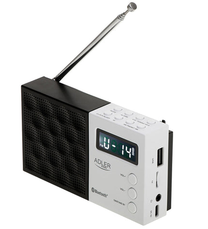 Black and white Adler PLL FM radio from 1908, vintage electronic audio device with classic design and dials.