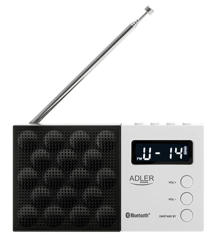 Black and white Adler PLL FM radio AD 1908 with vintage design, featuring dials and speaker grill in a classic electronics style.