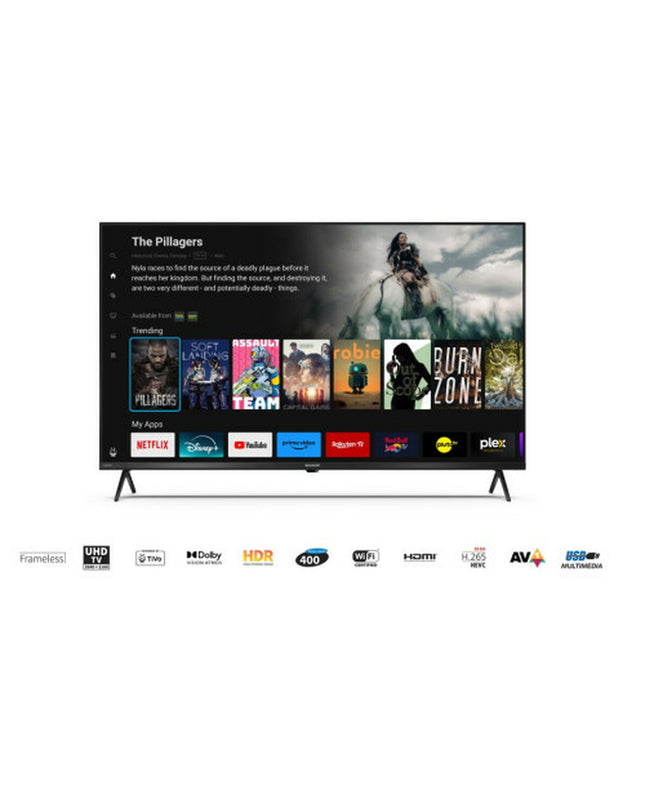 Sharp 43-inch LED Smart TV with slim black bezel, displaying vibrant colors on a modern living room wall.
