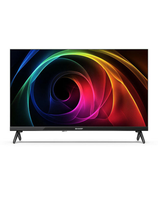 Sharp 24-inch LED Smart TV displaying a colorful screen, with a sleek black frame and slim design.