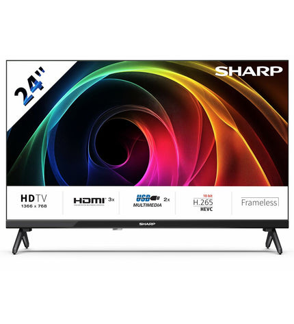 Sharp 24-inch LED Smart TV displaying a vibrant screen, with sleek black bezels and modern design for home entertainment.