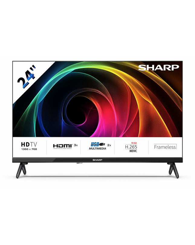 Sharp 24-inch LED Smart TV displaying a vibrant screen, with sleek black bezels and modern design for home entertainment.