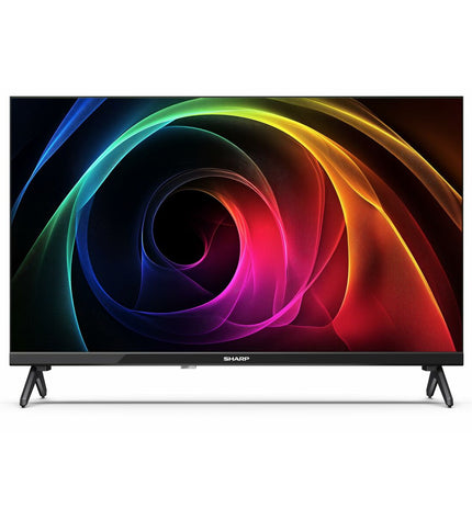 Sharp 24-inch LED Smart TV with slim bezel, displaying a vibrant home screen in a modern living room setting.