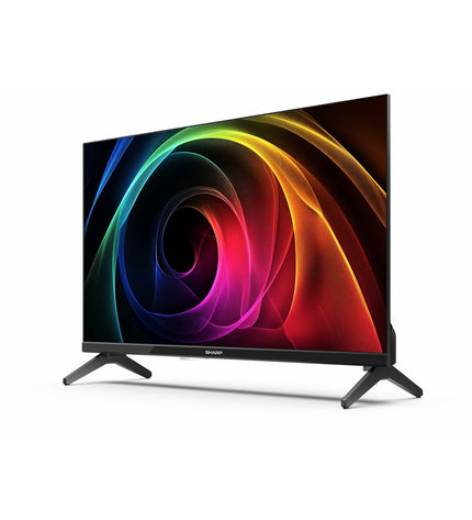 Sharp 24-inch LED Smart TV with slim black frame, screen displaying colorful interface, ideal for home entertainment.