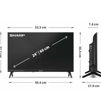 Sharp 24-inch LED Smart TV showing a vibrant screen with thin bezels and a sleek black frame, ideal for home entertainment.