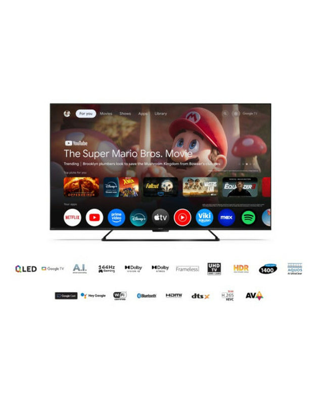Sharp 65-inch QLED 4K Ultra HD Smart TV, model 65HR7265E, with sleek slim design and vibrant display for home entertainment.