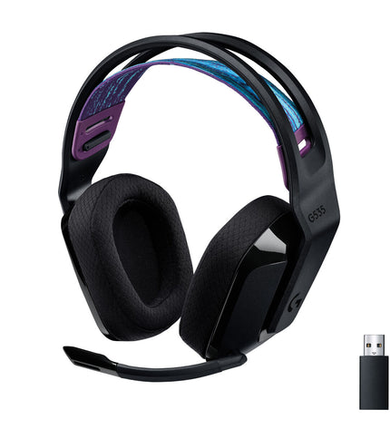 Logitech gaming headset with microphone for consoles, featuring adjustable headband and cushioned ear cups, plugged into a gaming console.