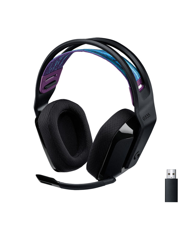 Logitech gaming headset with microphone for consoles, featuring adjustable headband and cushioned ear cups, plugged into a gaming console.