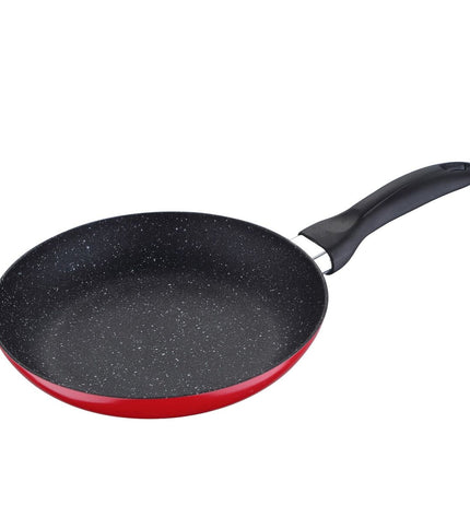 San Ignacio Rood aluminium pannenset for cooking and household use, featuring multiple pots and pans with red handles.