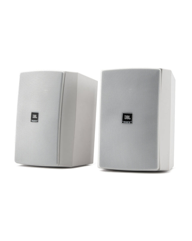 Pair of white JBL XD5 speakers with 100W power output, shown with their sleek design and compact size.