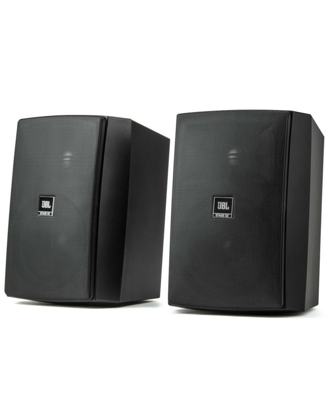 Pair of black JBL XD5 speakers with 100W power output, 20W RMS, shown from front view in a modern audio setup.