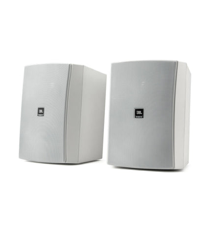 Pair of JBL XD6 Blanco white 100W speakers with 20W output, featuring modern design and audio controls, for high-quality sound.