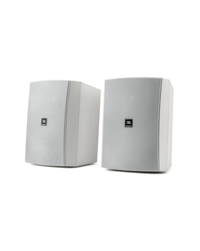 Pair of JBL XD6 Blanco white 100W speakers with 20W output, featuring modern design and audio controls, for high-quality sound.