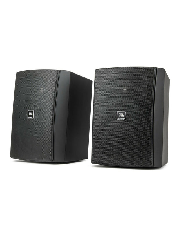 Pair of black JBL XD6 100W speakers with 20W output, featuring sleek design and audio controls, ideal for home audio systems.