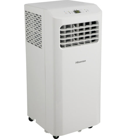 Portable Hisense air conditioner VAPC09 with digital display, compact design, and adjustable vents for cooling indoors.