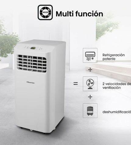 Hisense APC09KV portable air conditioner in sleek white, with control panel and adjustable vents for home cooling.