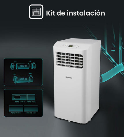 Portable Hisense air conditioner APC09KV A with digital display and vent, designed for home cooling and efficient temperature control.
