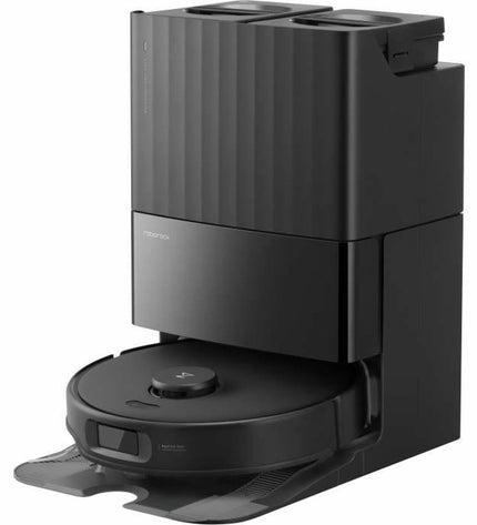 Roborock QREVO EDGE 5V1 robot stofzuiger schoonmaakt vloer in huis, met roterende borstels en compacte ontwerp.