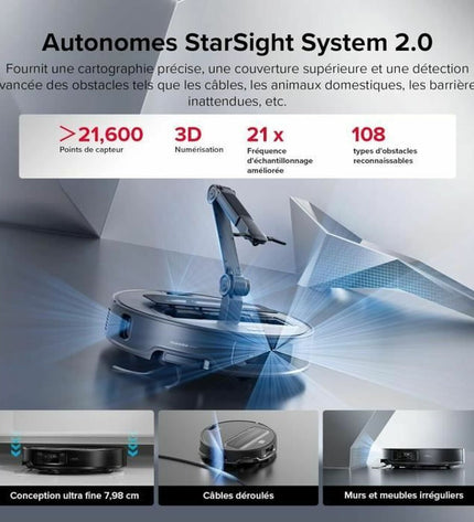 Roborock robot stofzuiger with 6400 mAh battery, cleaning floor surface in home, showing sleek design and charging dock