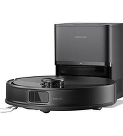 Roborock robot stofzuiger schoonmaakt houten vloer, compact design, equipped with sensors for efficient cleaning in home environment.