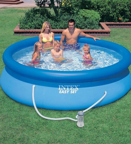Intex Easy Set inflatable swimming pool with blue sidewalls and water, measuring 366 x 76 cm, for outdoor fun.