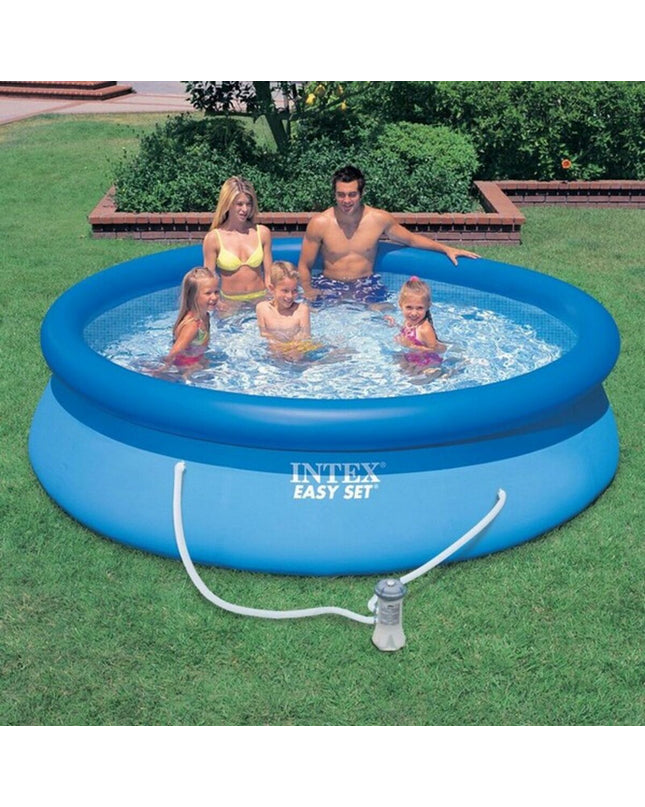 Intex Easy Set inflatable swimming pool with blue sidewalls and water, measuring 366 x 76 cm, for outdoor fun.