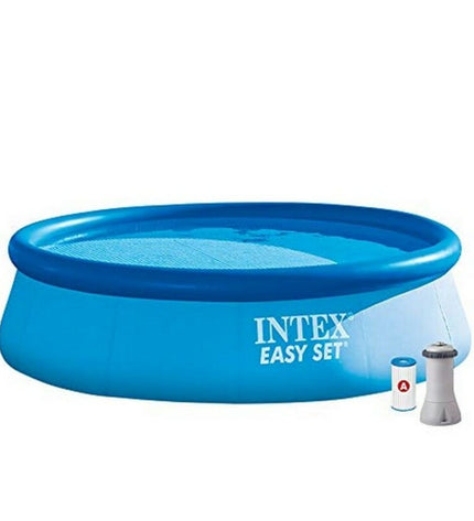 Intex Easy Set inflatable swimming pool with 366x76 cm size, blue above-ground pool for outdoor play and cooling.