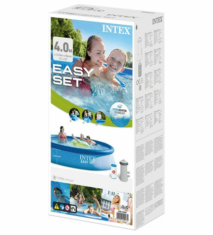 Intex Easy Set inflatable round swimming pool with 396 cm diameter and 84 cm height, suitable for outdoor fun and relaxation.