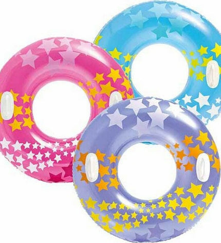 Intex 59256 inflatable swimming ring, 91 cm diameter, outdoor water toy for kids, blue and white float with brand logo.