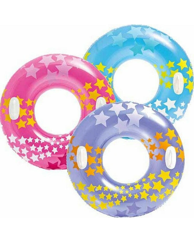 Intex 59256 inflatable swimming ring, 91 cm diameter, outdoor water toy for kids, blue and white float with brand logo.