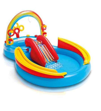 Intex inflatable children's rainbow garden pool with colorful slides, measuring 297x135x193 cm, filled with water and playful features.