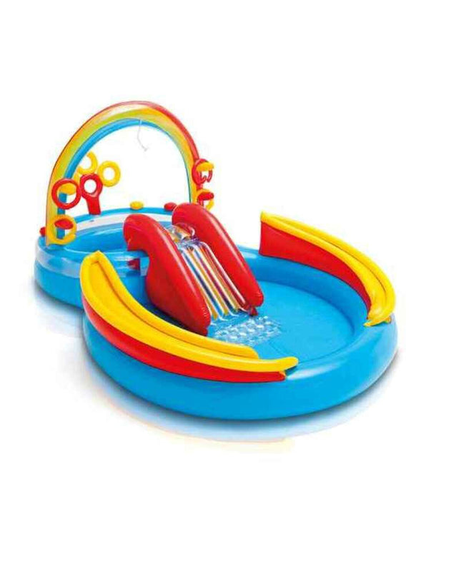 Intex inflatable children's rainbow garden pool with colorful slides, measuring 297x135x193 cm, filled with water and playful features.